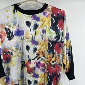 Sioni Sweater Womens 3X Colorful Floral Satin Panel Front Black Knit Pullover
